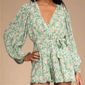 Lulus Dancing Blossoms Green Floral Print Pleated Long Sleeve Romper
